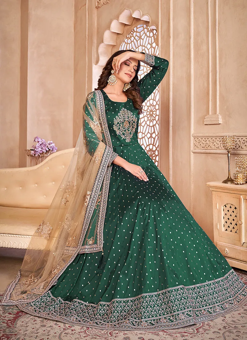 Dark Green Handwork Embroidery Silk Anarkali Suit