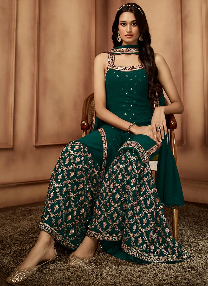 Dark Green Sequence Embroidery Festive Sharara Style Suit