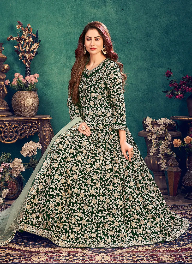 Dark Green Zari Embellished Wedding Anarkali Suit