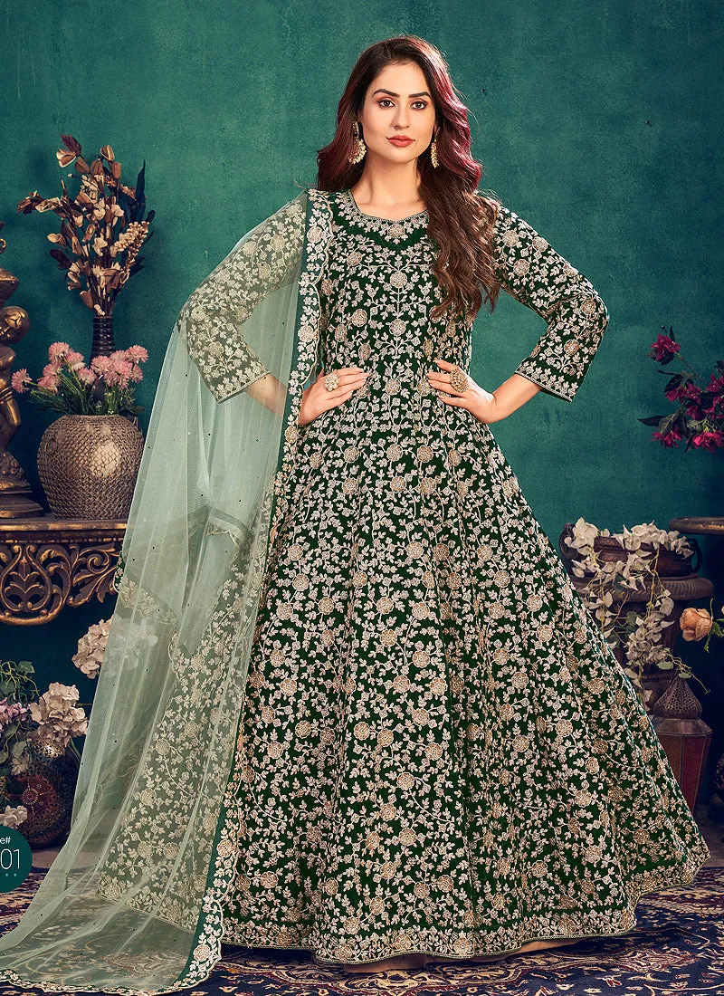 Dark Green Zari Embellished Wedding Anarkali Suit