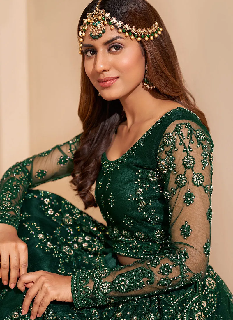 Dark Green Zari Embroidered Wedding Lehenga Choli