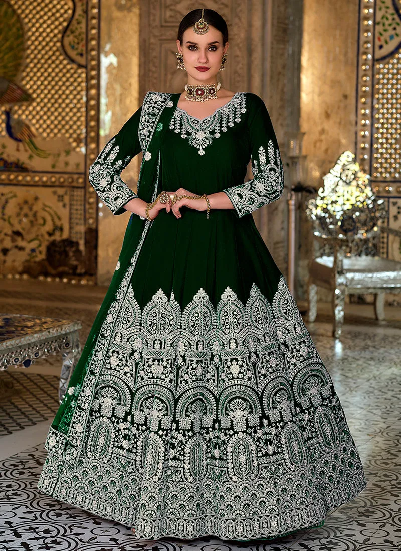 Dark Green Zari Embroidery Wedding Anarkali Gown