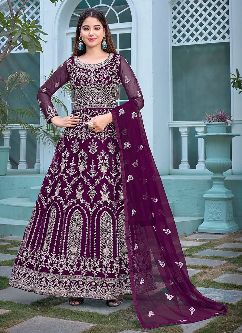 Deep Purple Embroidery Traditional Anarkali Suit