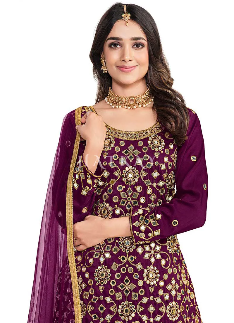 Deep Purple Mirror Work Embroidery Patiala Salwar Kameez