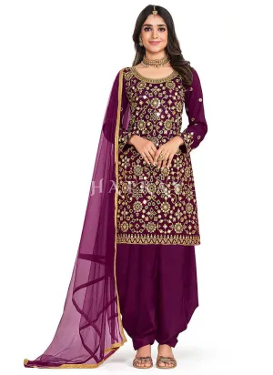 Deep Purple Mirror Work Embroidery Patiala Salwar Kameez