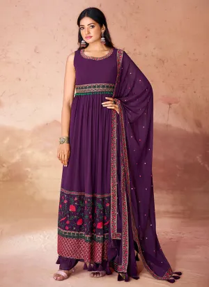 Deep Purple Multi Embroidery Traditional Anarkali Palazzo Suit