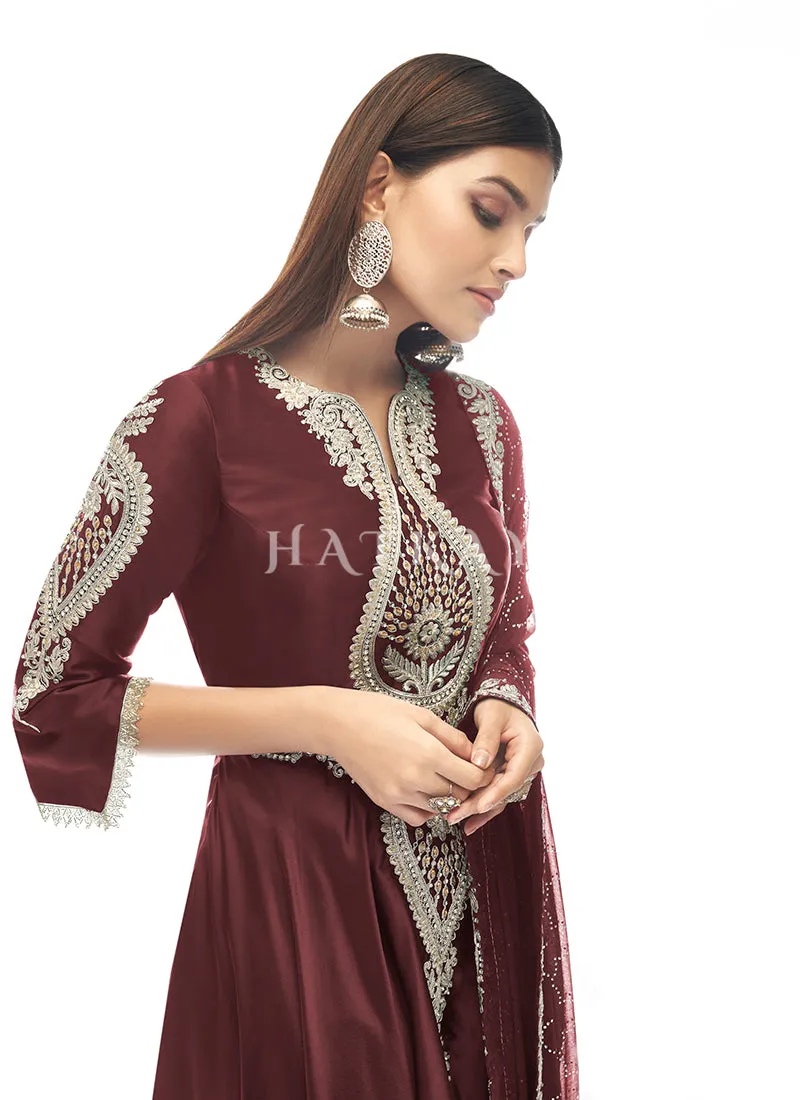 Deep Red Zari Embroidered Slit Style Anarkali Pant Suit