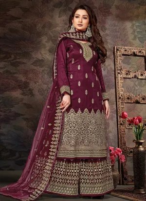 Deep Wine Embroidered Jacquard Silk Palazzo Suit