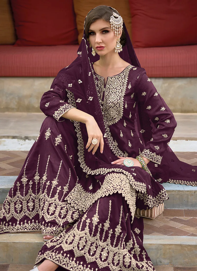 Deep Wine Festive Embroidery Wedding Palazzo Suit