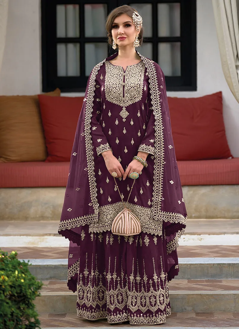 Deep Wine Festive Embroidery Wedding Palazzo Suit