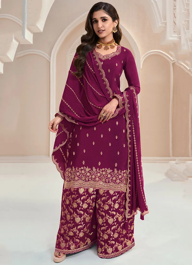 Deep Wine Traditional Embroidered Festive Palazzo Suit