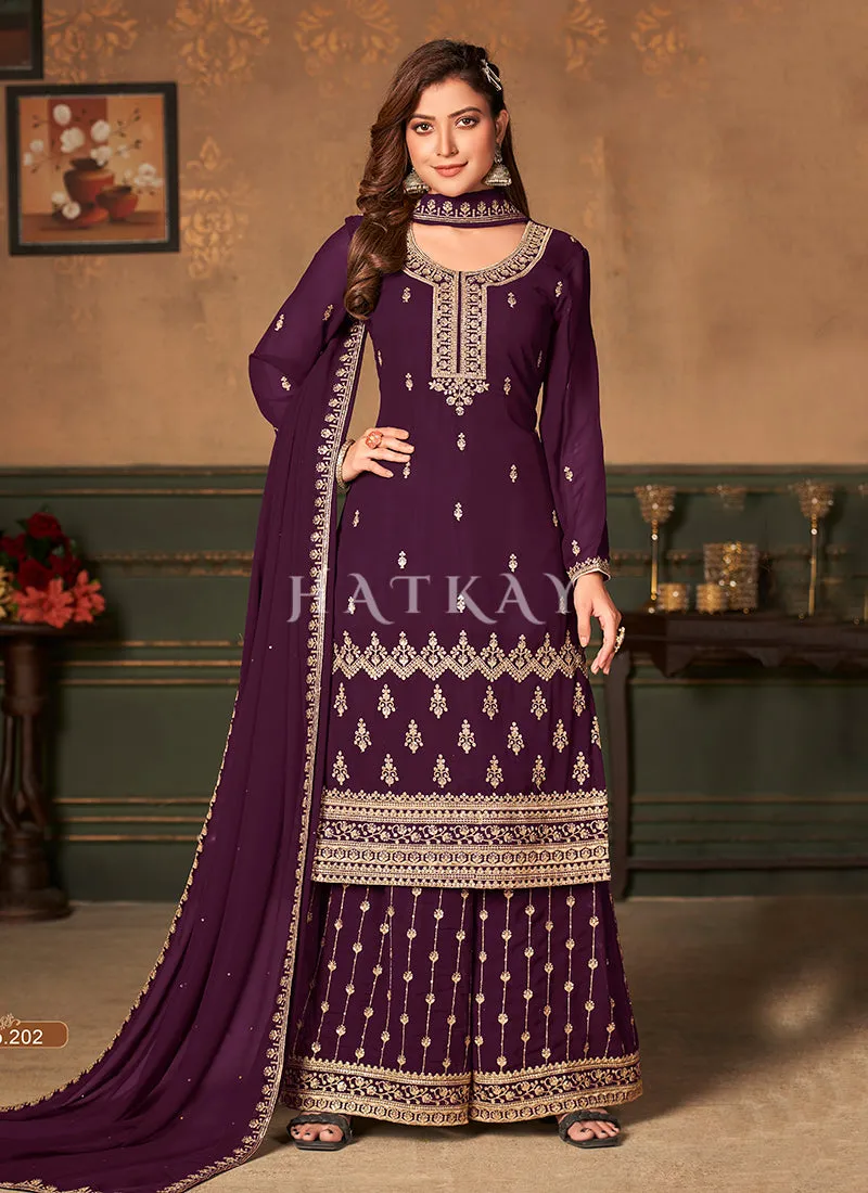 Deep Wine Traditional Embroidered Palazzo Suit