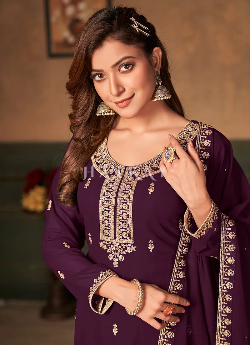 Deep Wine Traditional Embroidered Palazzo Suit