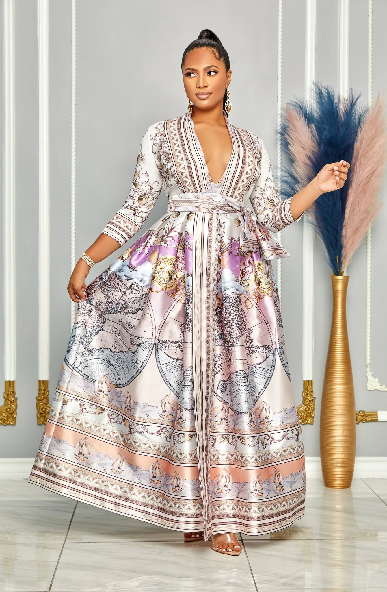 ELEGANT V-NECK 3/4 SLEEVE FIT & FLARE WRAP MAXI DRESS (MULTI PRINT)