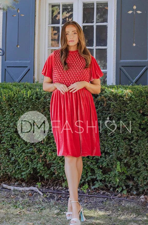 Emery Spiced Coral Velvet Party Dress- DM Exclusive - Maternity Friendly