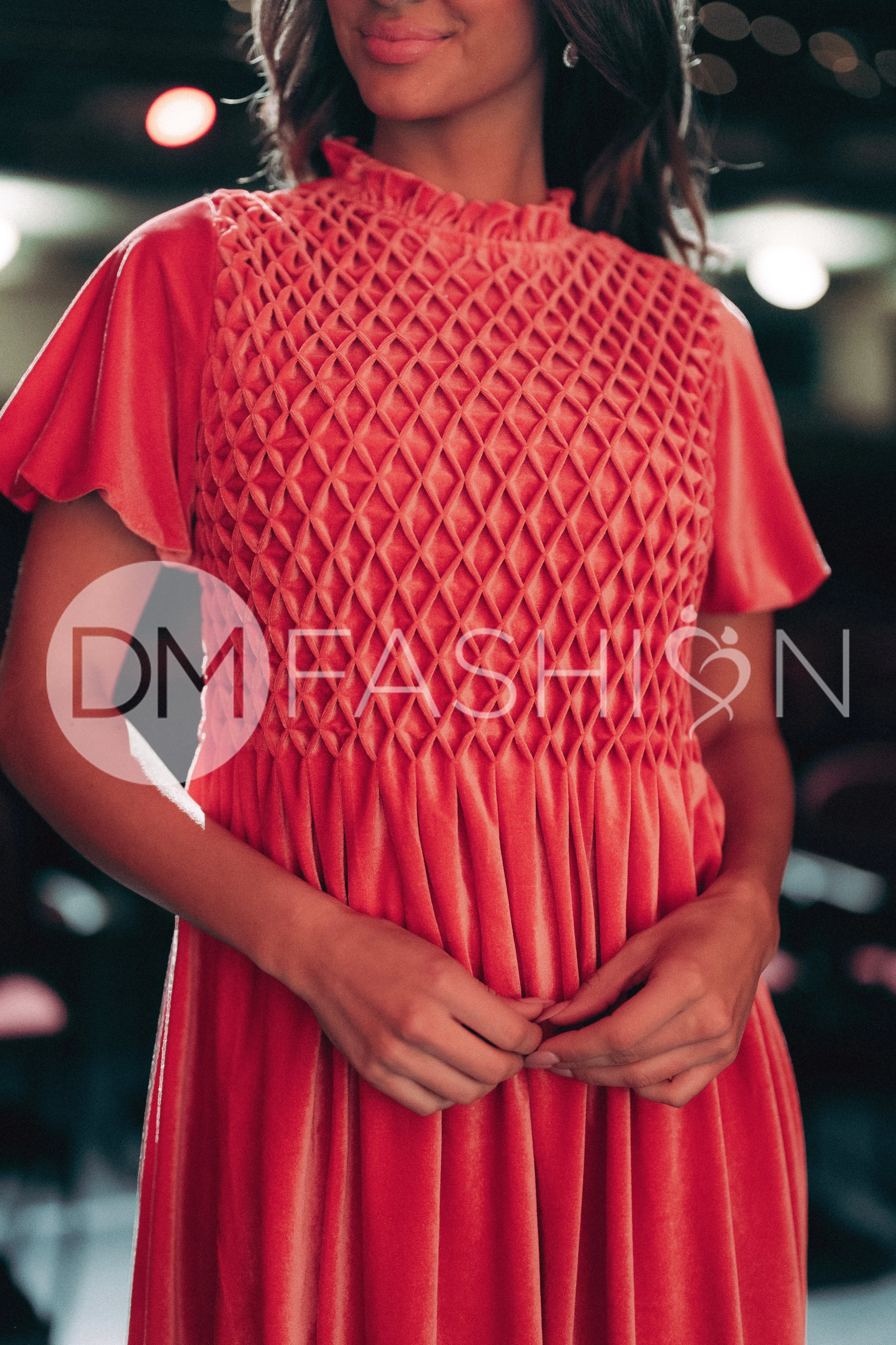 Emery Spiced Coral Velvet Party Dress- DM Exclusive - Maternity Friendly