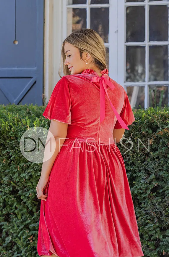 Emery Spiced Coral Velvet Party Dress- DM Exclusive - Maternity Friendly