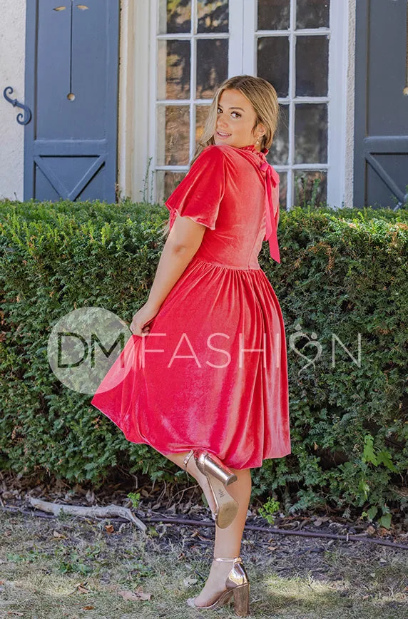 Emery Spiced Coral Velvet Party Dress- DM Exclusive - Maternity Friendly