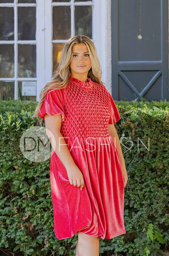 Emery Spiced Coral Velvet Party Dress- DM Exclusive - Maternity Friendly