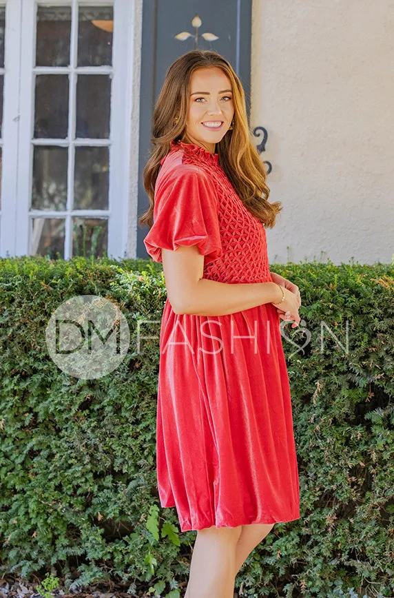 Emery Spiced Coral Velvet Party Dress- DM Exclusive - Maternity Friendly