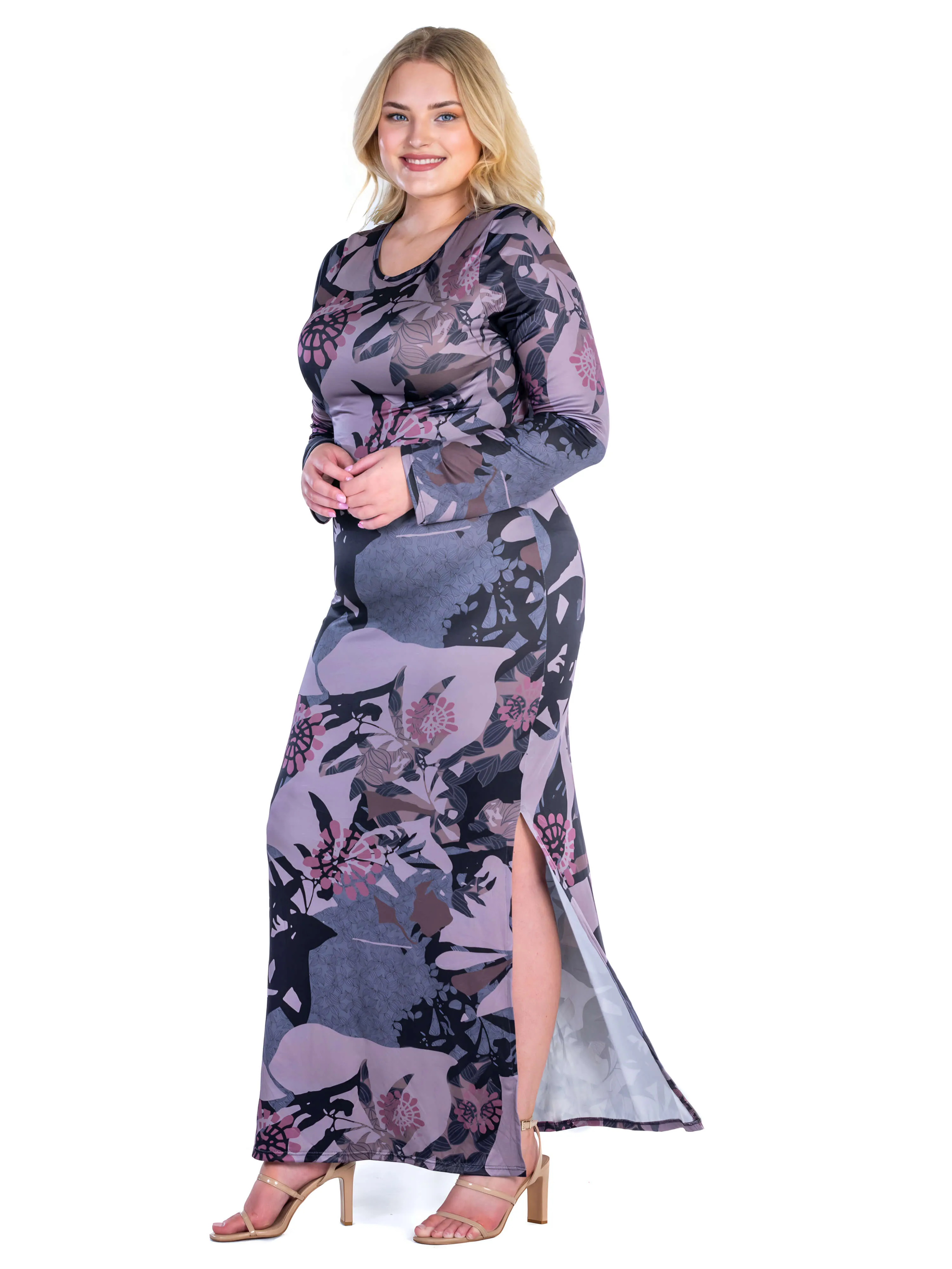 Fall Floral Print Long Sleeve Side Slit Plus Size Maxi Dress