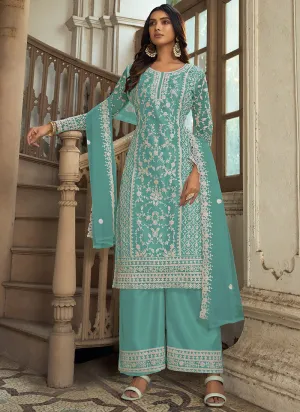 Firozi Blue Embroidery Pakistani Pant Style Suit