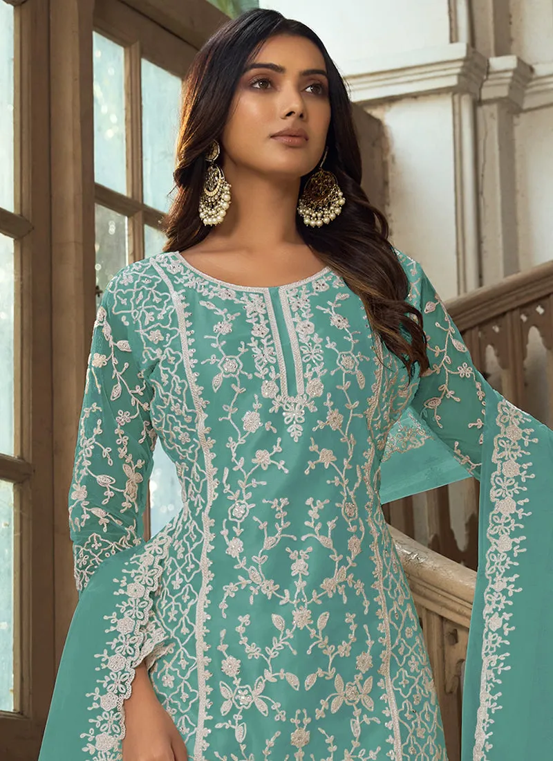 Firozi Blue Embroidery Pakistani Pant Style Suit