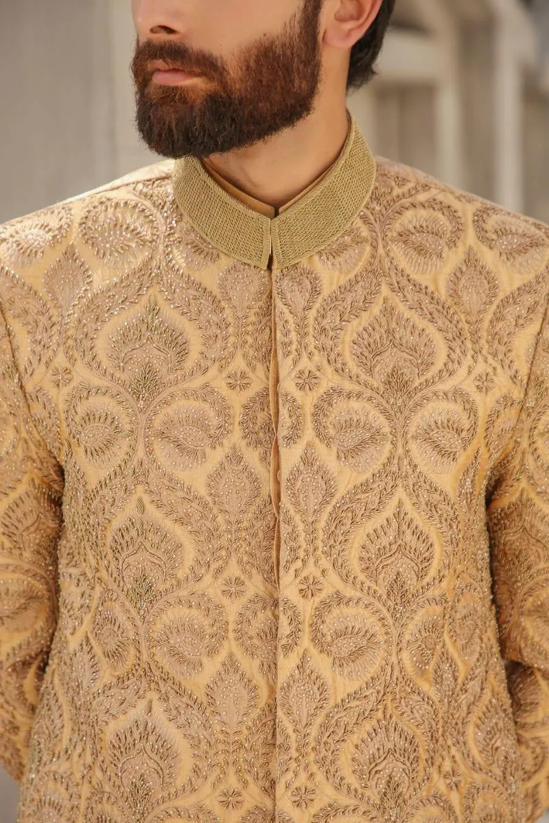 GEM GARMENTS - Hayat - Band Collar - Gold & Fawn - Sherwani - 1 Piece