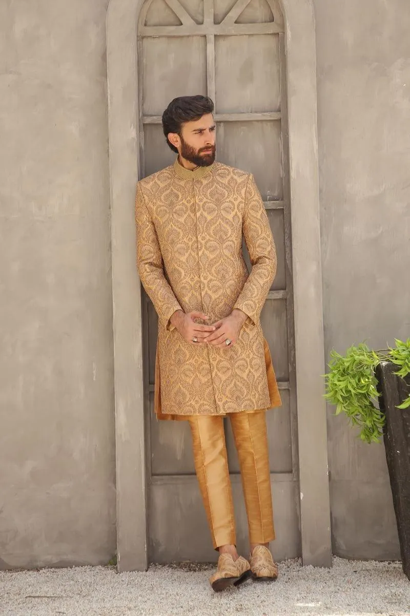 GEM GARMENTS - Hayat - Band Collar - Gold & Fawn - Sherwani - 1 Piece