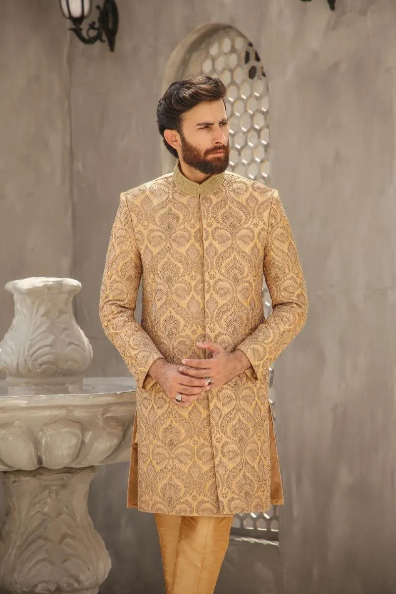 GEM GARMENTS - Hayat - Band Collar - Gold & Fawn - Sherwani - 1 Piece