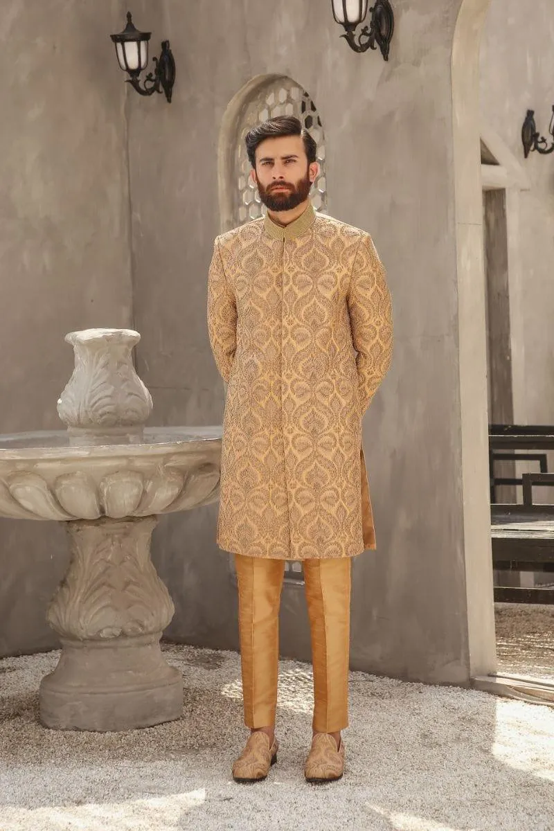 GEM GARMENTS - Hayat - Band Collar - Gold & Fawn - Sherwani - 1 Piece