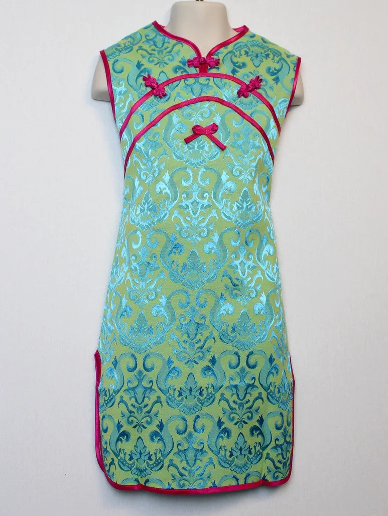 Girls' Beautiful Aquamarine Brocade Qipao Dress w/ Pink Accents