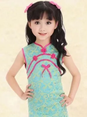 Girls' Beautiful Aquamarine Brocade Qipao Dress w/ Pink Accents