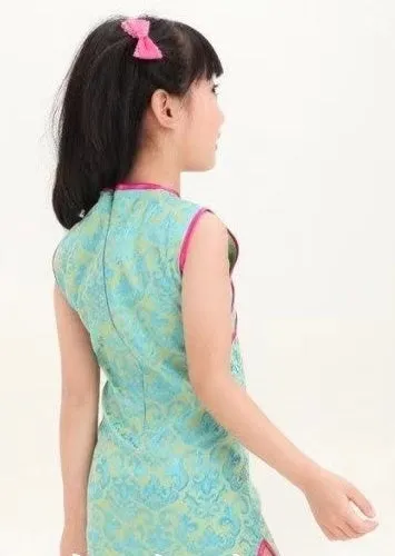 Girls' Beautiful Aquamarine Brocade Qipao Dress w/ Pink Accents