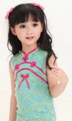 Girls' Beautiful Aquamarine Brocade Qipao Dress w/ Pink Accents