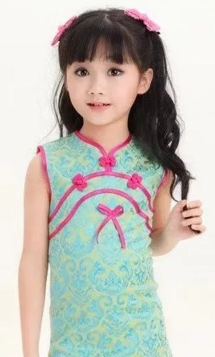 Girls' Beautiful Aquamarine Brocade Qipao Dress w/ Pink Accents