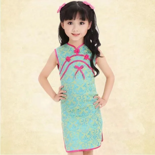 Girls' Beautiful Aquamarine Brocade Qipao Dress w/ Pink Accents