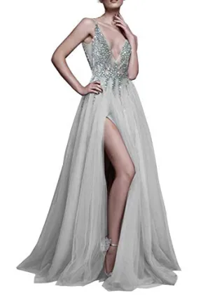 Glamorous Evening Dresses Deep V-Neck A-Line Beaded Bodice with Slit Tulle Prom Dresses Long Vestido de Fiesta Grey-US6