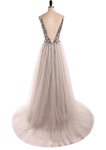 Glamorous Evening Dresses Deep V-Neck A-Line Beaded Bodice with Slit Tulle Prom Dresses Long Vestido de Fiesta Grey-US6