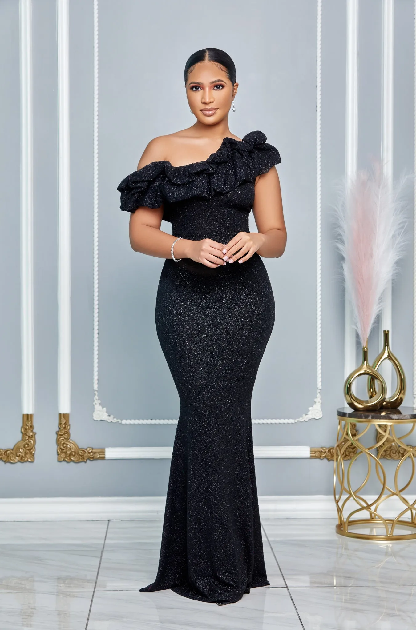 GLITTER RUFFLE ONE SHOULDER MAXI DRESS (BLACK)