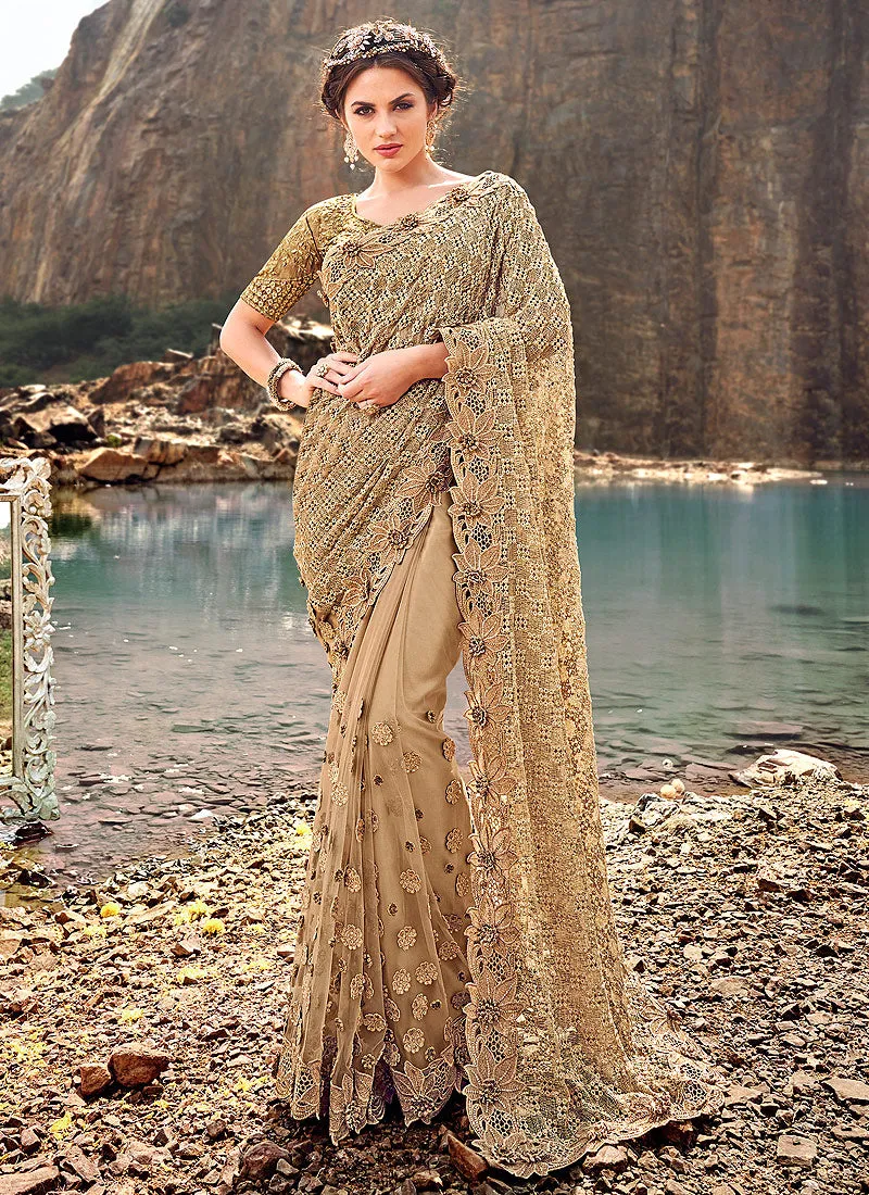 Golden Traditional Embroidered Party Wear Saree