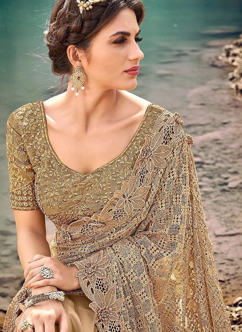 Golden Traditional Embroidered Party Wear Saree