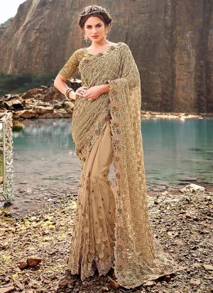 Golden Traditional Embroidered Party Wear Saree