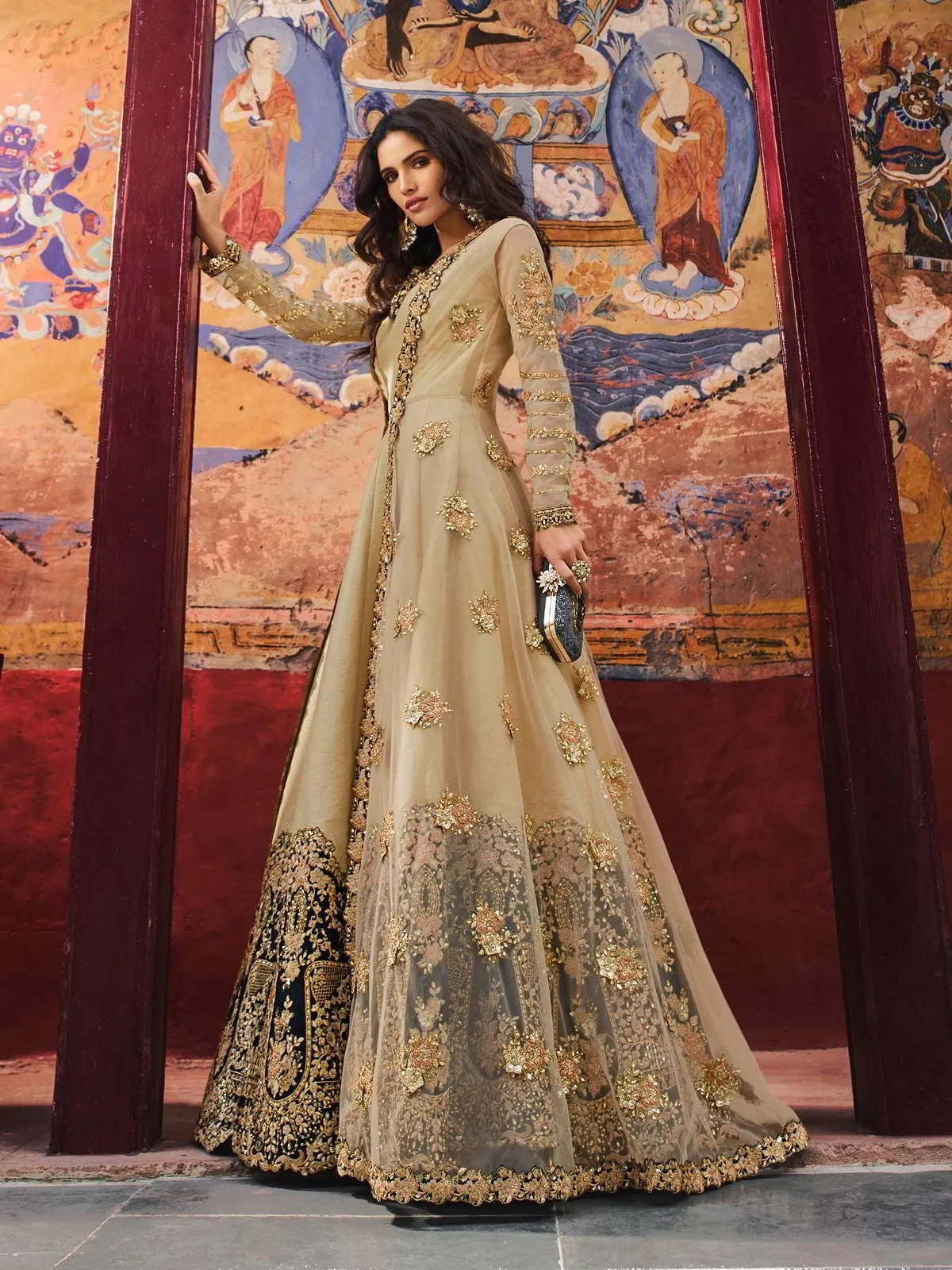 Golden With Black Ethnic Embroidery Designer Anarkali Pant Suit