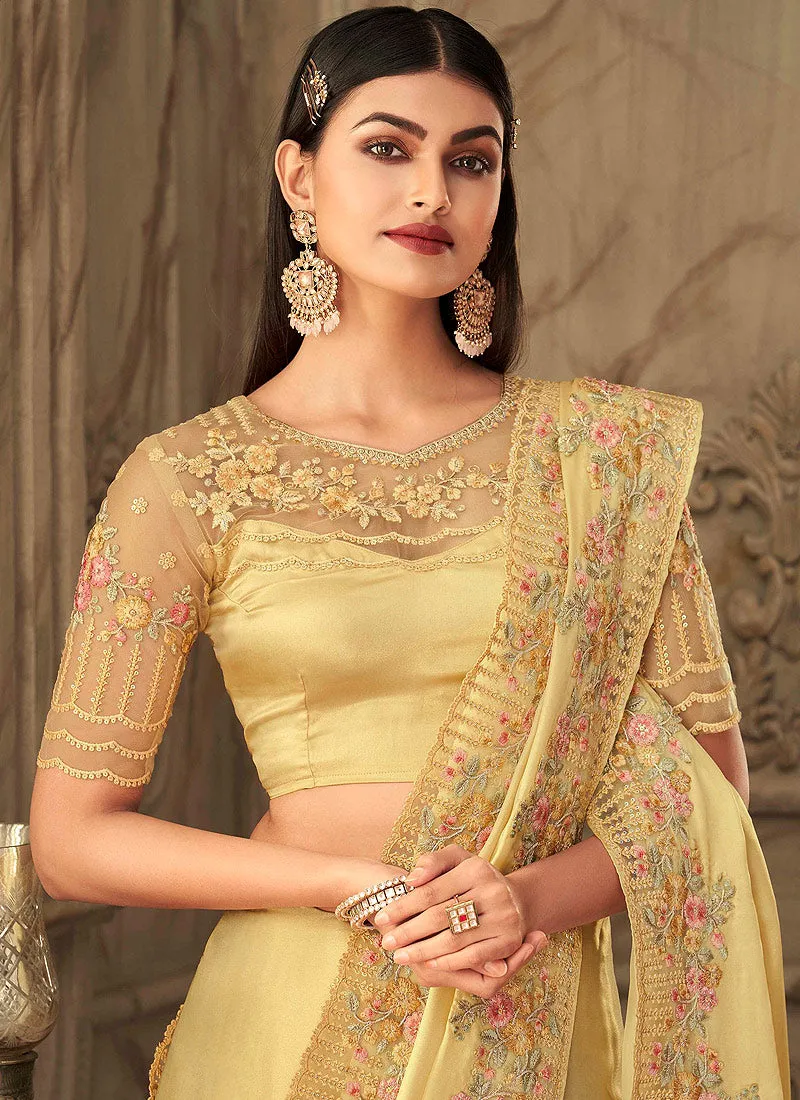 Golden Yellow Embroidered Silk Saree