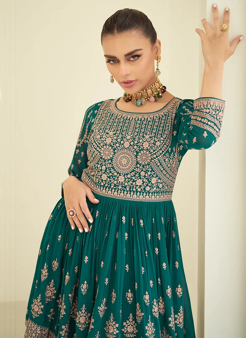 Green And Blue Embroidery Anarkali Gharara Suit