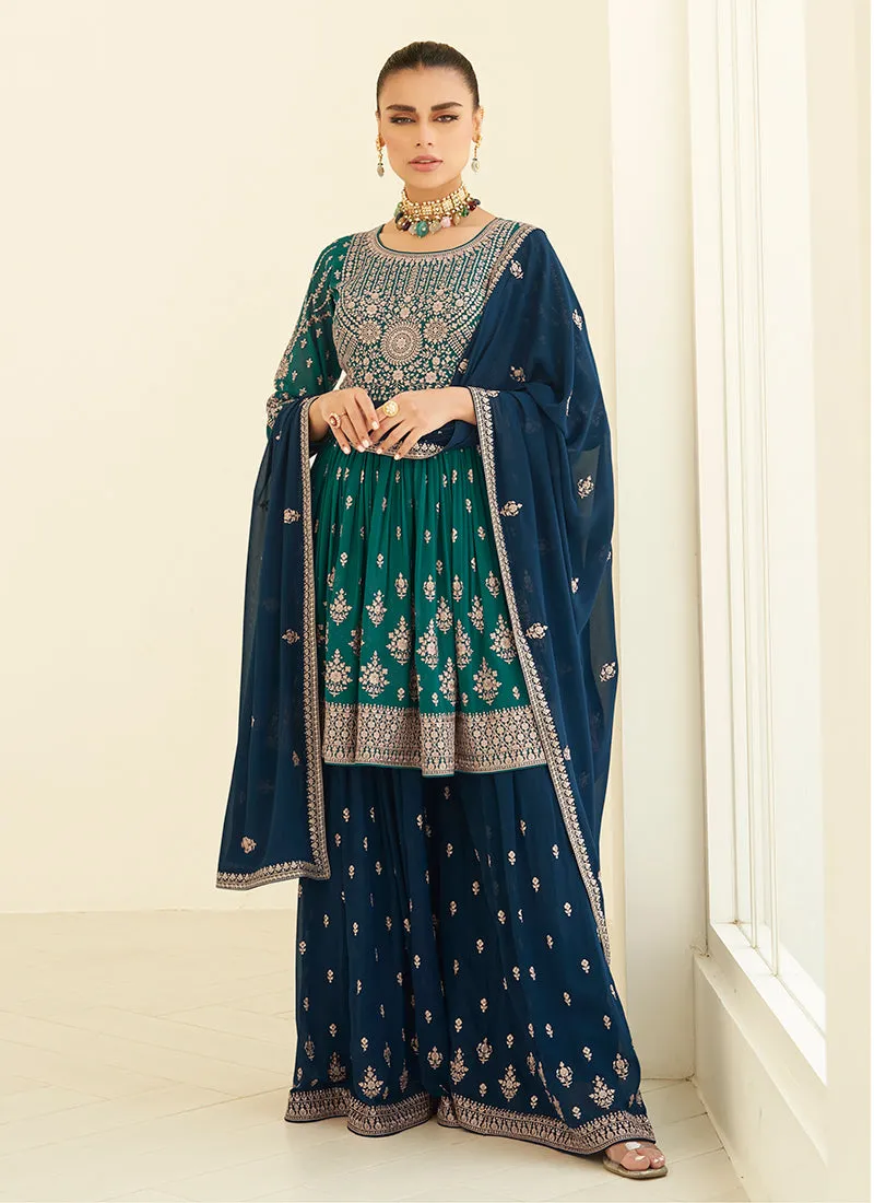 Green And Blue Embroidery Anarkali Gharara Suit