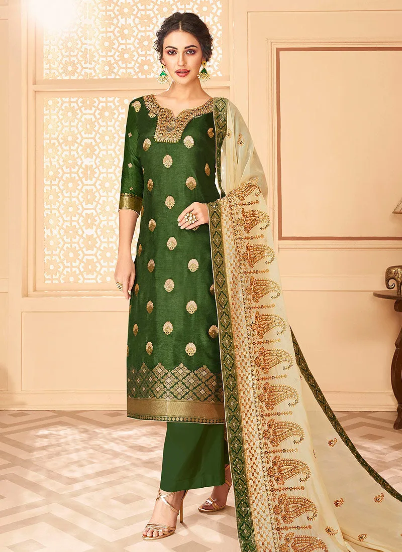 Green And Golden Jacquard Palazzo Suit