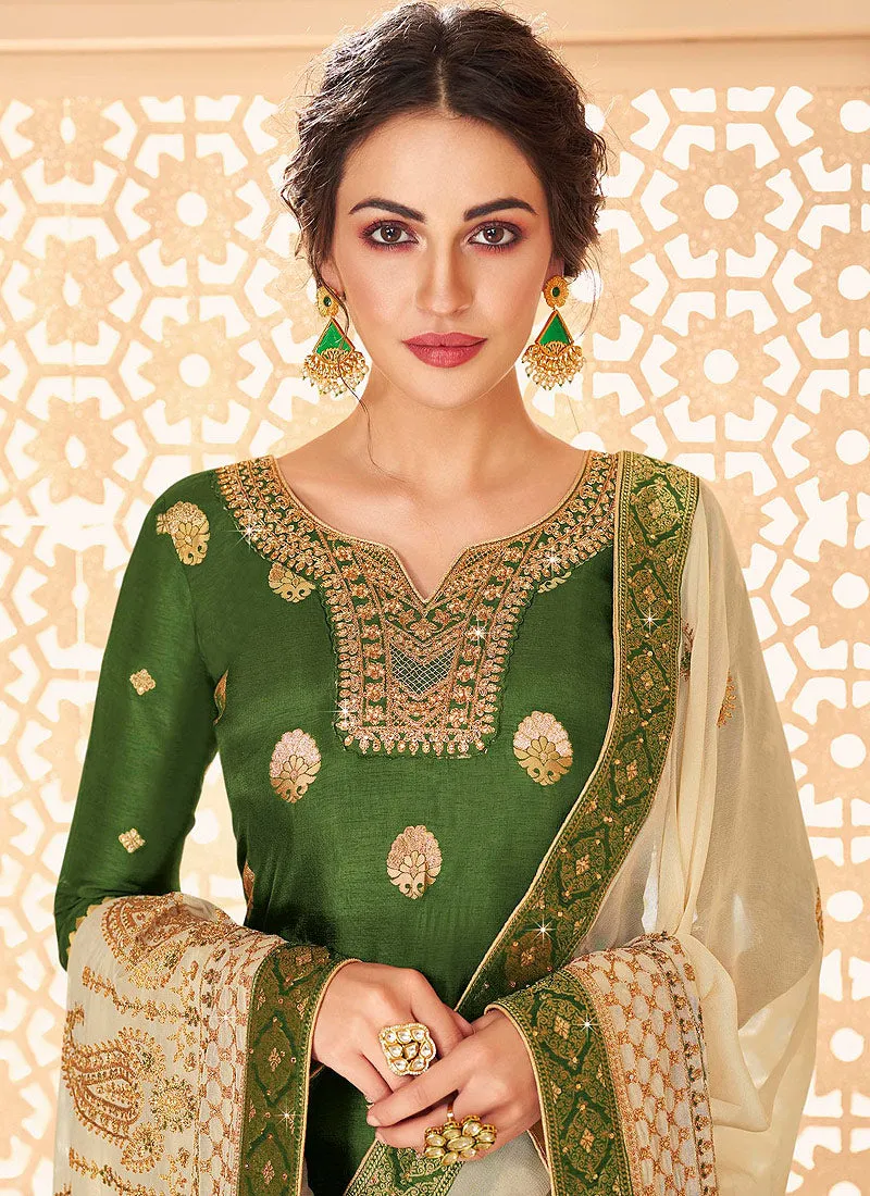 Green And Golden Jacquard Palazzo Suit