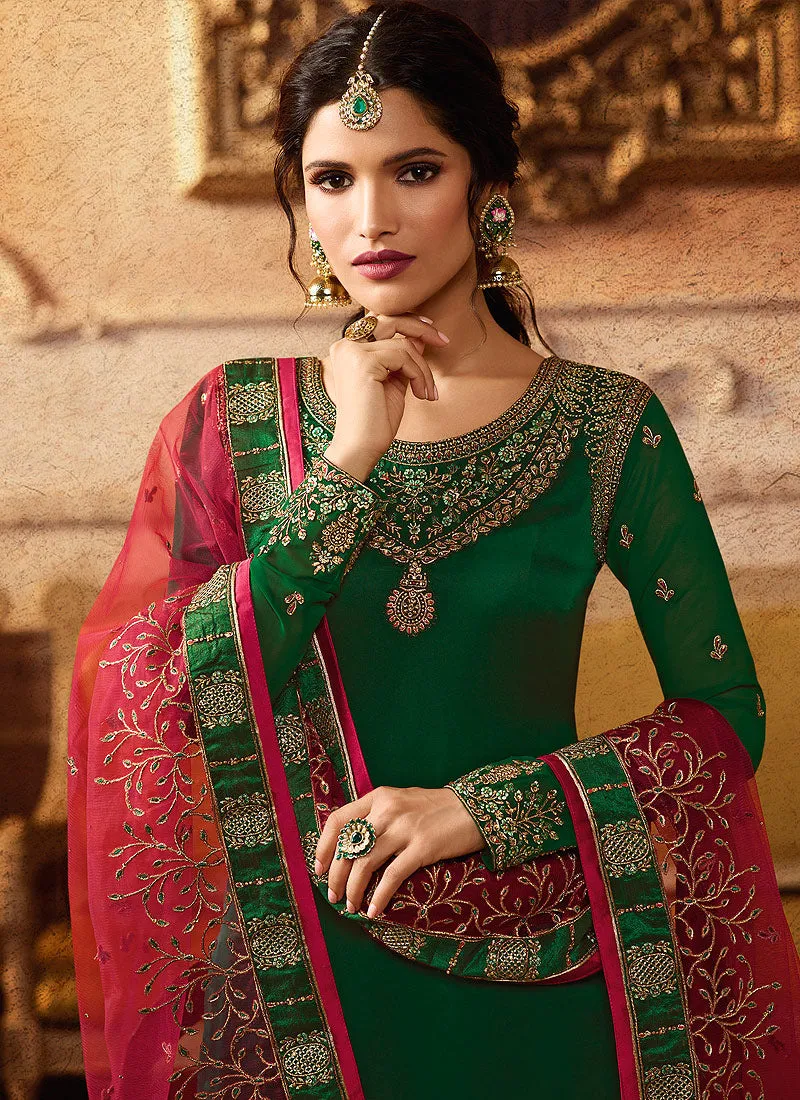 Green And Maroon Embroidered Palazzo Suit